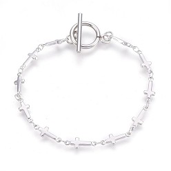 Нержавеющая Сталь Цвет Устойчивые к потускнению 304 браслеты из звеньевой цепи из нержавеющей стали, с Переключить застежками, крестик, цвет нержавеющей стали, 7-1/2 дюйм (19 см), 4.5 мм