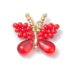 Красный Подвески-бабочки из стеклянного бисера ручной работы, с 304 кольцами из нержавеющей стали и стеклом, красные, 19~20.5x21~23.5x5 мм, отверстие : 3 мм