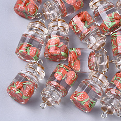 Salmon Glass Bottle Pendants, with Resin & Polymer Clay & Iron Findings, Strawberry, Platinum, Salmon, 28~29x15mm, Hole: 2mm