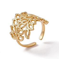 Real 18K Gold Plated Ion Plating(IP) 304 Stainless Steel Hollow Out Leaf Open Cuff Ring for Women, Real 18K Gold Plated, US Size 7 3/4(17.9mm)