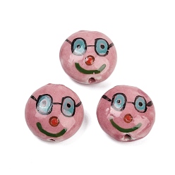 Pink Фарфоровые бусины ручной работы, плоские круглые с лицом, пастельный фарфор, розовые, 18.5x9~10 мм, отверстие : 1.6 мм