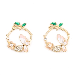 Misty Rose Rack Plating Alloy Enamel Pendants, with Rhinestone, Light Gold, Ring with Butterfly Charm, Misty Rose, 31x26x3.5mm, Hole: 1.4mm