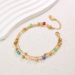 Настоящее золото 18K Элегантные винтажные латунные текстурированные круглые и цветные кубические стеклянные звенья цепи двухслойные регулируемые женские браслеты на ногу, реальный 18 k позолоченный, 8-1/4 дюйм (210 мм)