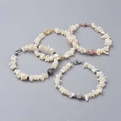 Mixed Color Natural Spiral Shell Chip Beaded Bracelets, with Brass Micro Pave Cubic Zirconia Beads, Brass Round Beads, 304 Stainless Steel Clasps Lobster Claw and Cardboard Packing Box, Mixed Color, 7-5/8 inch~7-7/8 inch(19.5~20cm)