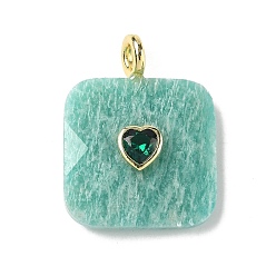 Амазонит Граненые подвески из натурального амазонита, Квадратные подвески с латунными фианитами в оправе из кубического циркония, золотые, 33.5~35x25.5x8~8.5 мм, отверстие : 4 мм