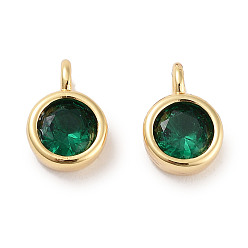 Зеленый Латунные микро проложить кубического циркония прелести, без кадмия, без никеля и без свинца, плоско-круглые, реальный 18 k позолоченный, зелёные, 9x6x3.5 мм, отверстие : 2 мм