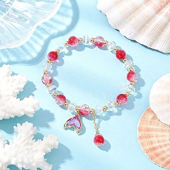 Малиновый 4шт. латунные стеклянные бусины эластичные браслеты, браслеты с подвесками из сплава «рыбий хвост» для женщин, малиновый, внутренний диаметр: 2-1/4 дюйм (5.7 см)