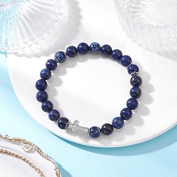 Ляпис-Лазурь Браслеты из круглых бусин натурального окрашенного лазурита 9мм для женщин, браслеты из латунных звеньев с микропаве из кубических цирконий, платина, внутренний диаметр: 2-3/8 дюйм (6 см)