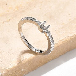 Letter U S925 регулируемые кольца с буквами из стерлингового серебра для женщин, с микро проложить кубического циркония, Буква U, 2 мм, размер США 5 1/2 (16.1 мм), Письмо: 5x4 мм