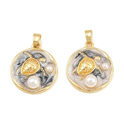 Black Brass Enamel Pendants, with ABS Plastic Imitation Pearl, Flat Round with Sea Turtle Charms, Real 18K Gold Plated, Black, 21.5x18.5x6mm, Hole: 4.5x3mm