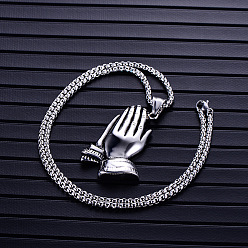 Нержавеющая Сталь Цвет Ожерелья из сплава с подвеской в виде молитвенной руки, 204 ожерелья из нержавеющей стали с цепочкой-коробкой для мужчин, цвет нержавеющей стали, 23.62 дюйм (60 см)