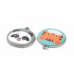 Mixed Color Alloy Enamel Pendants, Platinum, Flat Round with Dog/Cat/Panda Pattern Charm, Mixed Color, 23.5x20x2mm, Hole: 1.6mm