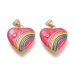Светло-Вишневый Латунные микро проложить кубического циркония подвески, с эмалью, реальный 18 k позолоченный, сердце и радуга, светло-вишневый, 21x18.5x3.5 мм, отверстие : 3.5x5 мм
