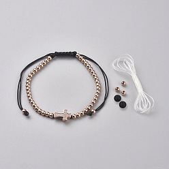 Rose Gold Brass Braided Bead Bracelets, with Brass Micro Pave Cubic Zirconia Beads, Nylon Thread, Natural Agate Beads and Elastic Crystal Thread, Cross, Rose Gold, 2-1/8 inch~3-7/8 inch(5.5~10cm)