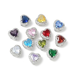 Платина Латунные бусины, сердце, с микропаве из кубического циркония и кристаллического циркония, без кадмия и без свинца, платина, 9x10x7 мм, отверстие : 2/3x2 мм