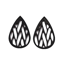 Черный Большие подвески из натурального дерева тополь, окрашенные, слеза, чёрные, 56x36.5x2 мм, отверстие : 2 мм