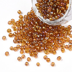 Dark Goldenrod Round Glass Seed Beads, Transparent Colours Rainbow, Round, Dark Goldenrod, 3mm