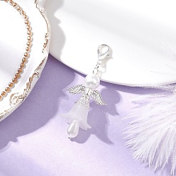 Белый Подвесные украшения из стеклянного жемчуга и прозрачного акрила в виде ангела с крыльями, Сплав с застежками когтя омара, платина, белые, 53 мм, Кулон : 40x22x18 мм