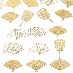 Real 18K Gold Plated Brass Big Pendants, Fan Charms, Etched Metal Embellishments, Long-Lasting Plated, Nickel Free, Real 18K Gold Plated, 41.5~74.5x40~69.5x0.2mm, Hole: 1.5~4mm, 2pcs/style