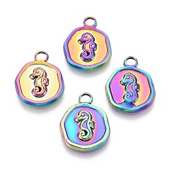 Rainbow Color Ionenbeschichtung (IP) 304 Edelstahlanhänger, flach rund mit Seepferdchen, Regenbogen-Farb, 16x13x2 mm, Bohrung: 2 mm