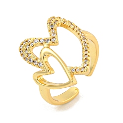 Настоящее золото 18K Кольца-манжеты на палец с сердечком из латуни с микро-паве и прозрачным фианитом для женщин, без кадмия и без свинца, долговечный, реальный 18 k позолоченный, 21 мм, регулируемый