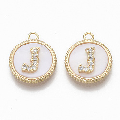 Letter J Brass Micro Pave Cubic Zirconia Pendants, with Shell, Flat Round with Letter, Nickel Free, Clear, Creamy White, Real 18K Gold Plated, Letter.J, 17x14x4mm, Hole: 1.8mm