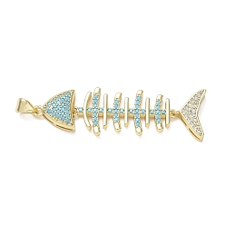 Colorful Brass Micro Pave Cubic Zirconia Pendants, Fishbone Charms, Long-Lasting Plated, Rack Plating, Lead Free & Cadmium Free, Real 18K Gold Plated, Colorful, 45x14x4mm, Hole: 5x3mm