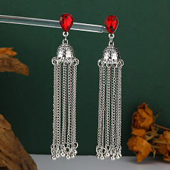 Light Siam Alloy Rhinestone Chandelier Earrings for Women, Tassel Earrings, Teardrop, Antique Silver, Light Siam, 106x20mm