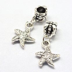 Antique Silver Alloy European Dangle Charms, Tibetan Style, Large Hole Pendants, Starfish/Sea Stars, Antique Silver, 28mm, Hole: 5mm