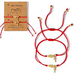 Красный 2 шт. Браслеты для пары из латуни с подвесками в виде сердца и креста, регулируемые браслеты из плетеного волоконного шнура, золотые, с открытки, красные, 11.02 дюйм (28 см)