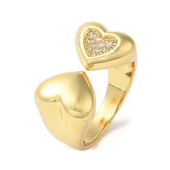 Сердце Открытые манжеты из латуни с микропаве и прозрачным цирконием для женщин, без свинца и без кадмия, реальный 18 k позолоченный, сердце, внутренний диаметр: 18 мм