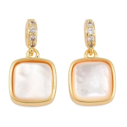 Golden Brass Micro Pave Clear Cubic Zirconia Pendants, Square Charm, with Natural Shell, Golden, 11.5x9.5x3.5mm, Hole: 2x2mm