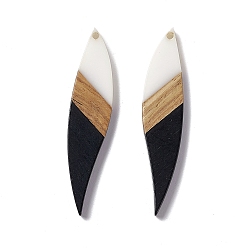 Черный Большие подвески из непрозрачной смолы и орехового дерева, лист прелести, чёрные, 53x11.5x3 мм, отверстие : 1.8 мм