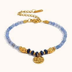 Природный Драгоценный Камень Браслеты с подвесками из натуральных драгоценных камней и круглых бусин, 304 женские украшения из нержавеющей стали, плоско-круглые, реальный 18 k позолоченный, внутренний диаметр: 6-1/2 дюйм (16.5 см)