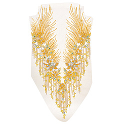 Золотистый Воротник из полиэстерового кружева с цветочной вышивкой и стразами, отделка декольте, аппликация для шитья одежды, с пластиковыми бусинами из искусственного жемчуга, золотые, 570x296x6.5 мм