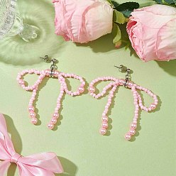 Rose Nacré Boucles d'oreilles pendantes avec nœud papillon en graines de verre et imitation de perles, 304 boucles d'oreilles longues en acier inoxydable, perle rose, 67x47mm