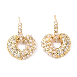 Real 18K Gold Plated Rack Plating Brass Micro Pave Clear Cubic Zirconia Stud Earrings for Women, with ABS Plastic Pearl, Cadmium Free & Lead Free, Long-Lasting Plated, Heart, Real 18K Gold Plated, 24x19mm
