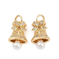 Настоящее золото 18K Латунные микро проложить кубического циркония подвески, колокольчик с бантом, с искусственным жемчугом и соединительным кольцом, реальный 18 k позолоченный, 18x11x7 мм, отверстие : 4 мм