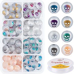 Mixed Color 120Pcs Electroplate Glass Beads, Frosted, Round with Skull Pattern, with Round Crystal Elastic Stretch Thread, Mixed Color, 10mm, Hole: 1.5mm