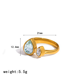 Teardrop 304 Stainless Steel Pave Cubic Zirconia Cuff Open Rings, Golden, Teardrop, 15~20mm