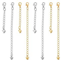Золотой & Серебряный 8 шт. 4 стили латунный удлинитель цепи с подвесками в виде сердечек и застежкой-карабином, золотой и серебряный, 50~102x3 мм, 2 шт / стиль