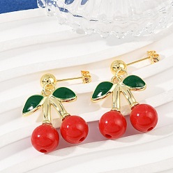 Настоящее золото 18K Латунная эмаль болтается серьги, вишня, реальный 18 k позолоченный, 32x20 мм