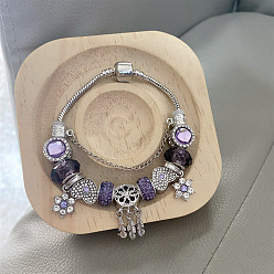 Средний Фиолетовый Европейские бусины с подвесками в виде цветов и перьев, браслеты из змеиной цепи для женщин, со стеклом и горным хрусталем, платина, средне фиолетовый, внутренний диаметр: 2-1/2 дюйм (6.5 см)