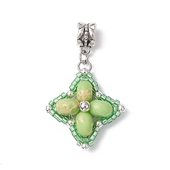 Зеленый лайм Европейские подвески-шармы в форме звезды из окрашенной синтетической императорской яшмы и стеклянных бусин, Подвески с большими отверстиями, с латунной поручительств, античное серебро, зеленый лайм, 43.5 мм, отверстие : 4.8 мм