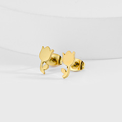 Chapado en Oro Real 18K 304 aretes de acero inoxidable para mujer, flor, con 316 clavija quirúrgica de acero inoxidable, real 18 k chapado en oro, 9.8x4.54 mm
