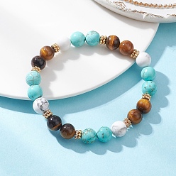 Смешанные камни Браслеты из натуральных круглых бусин тигрового глаза и синтетической бирюзы для женщин, внутренний диаметр: 2-1/4 дюйм (5.8 см)