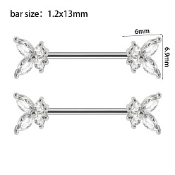 Бабочка 304 Кольца для сосков из нержавеющей стали с прозрачным кубическим цирконием, булавки для пирсинга сосков, цвет нержавеющей стали, бабочка, 6.9x6 мм, штифты : 13x1.2 мм