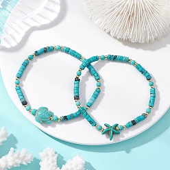 Mixed Shapes 2шт. эластичные браслеты из бусин натурального магнезита и окрашенной синтетической бирюзы для женщин, морская звезда и черепаха, с латунной бисера, реальный 18 k позолоченный, разнообразные, бусины : 4~14x2.5~17x4~6.5 мм, внутренний диаметр: 2.19~2.24 дюйм (5.55~5.7 см)