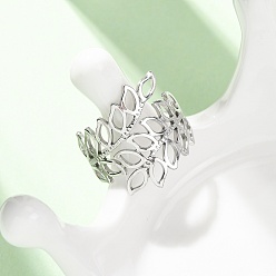 Stainless Steel Color 304 Stainless Steel Cuff Open Rings, Leaf, Stainless Steel Color, 20mm, Inner Diameter: 18mm