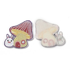 Champagne Yellow Computerized Embroidery Cloth Sew on Patches, Costume Accessories, Appliques, Mushroom & Rabbit, Champagne Yellow, 57x49.5x1.5mm